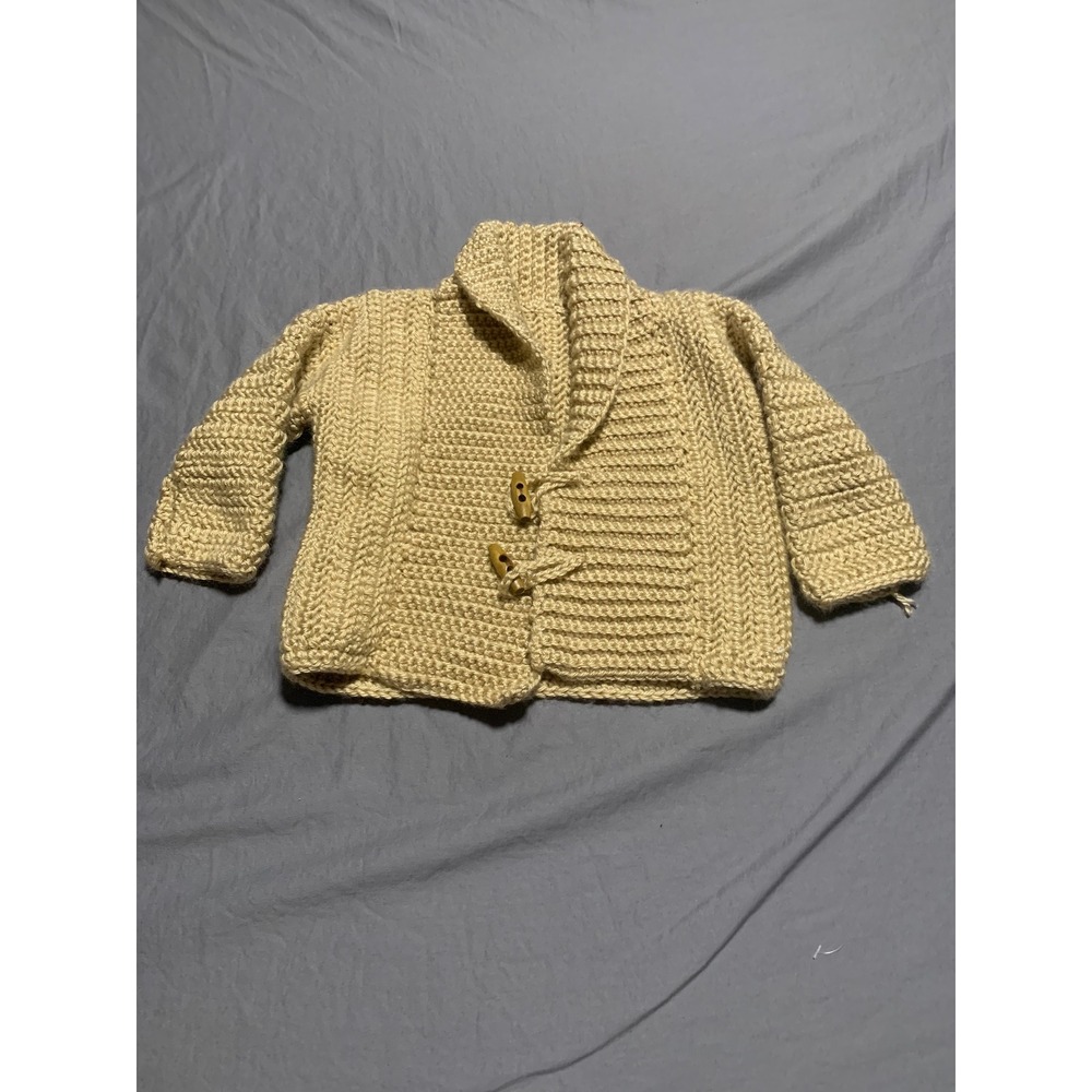 Handmade Crochet Cardigan Kid Tan Shawl Collar Toggle Button Chunky Knit Sweater